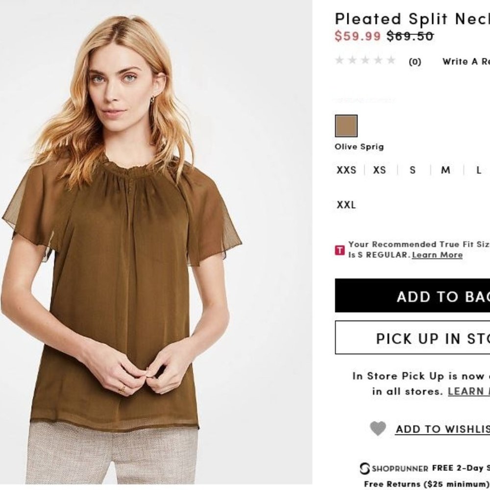 Ann Taylor Pleated Split Neck Top S